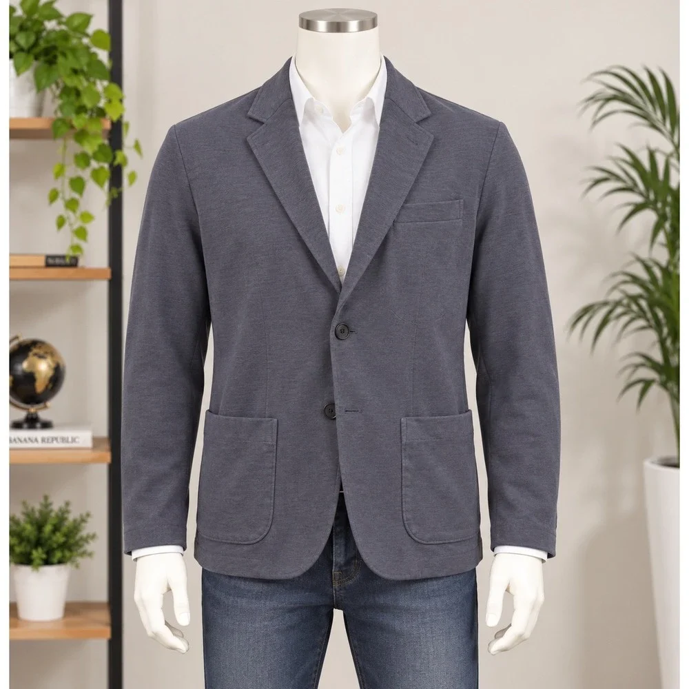 Banana Republic Blazer Mens 50L Blue Knit Two Button Patch Pocket Sport Coat